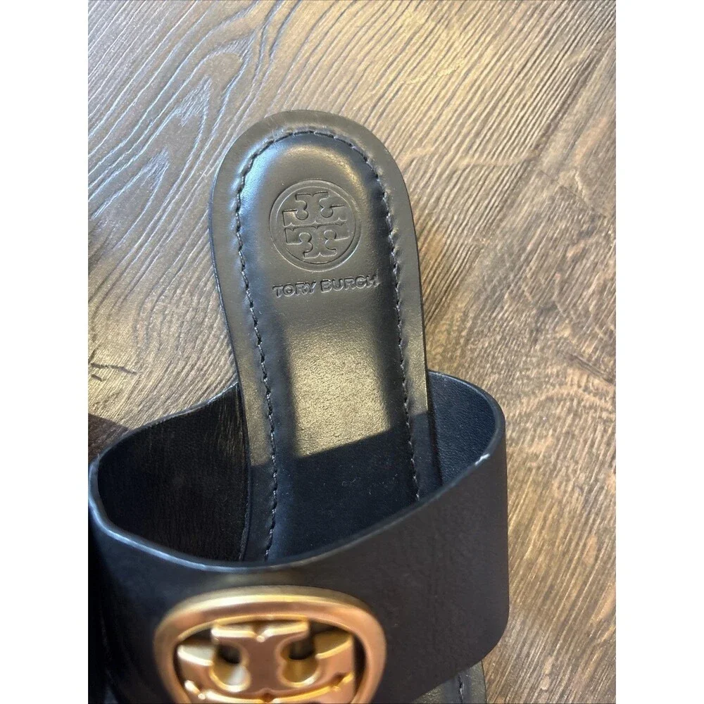 Tory Burch Benton Band Black Gold Logo Calf Leather Sandals Sz 6 1/2 6.5 M